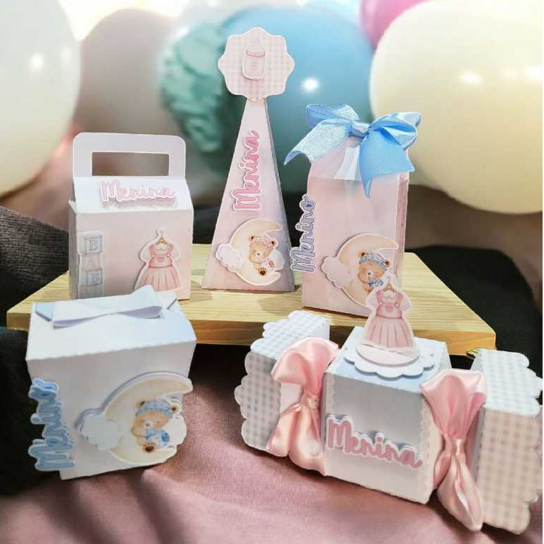Kit Festas Chá Revelação - Ursinhos Azul e Rosa - Caixinhas Personalizadas - Pegue e monte