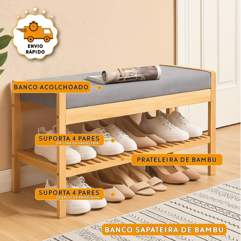 Sapateira De Porta Banco Organizador De Calçados De Bambu Hall De Entrada Porta Tênis Sapatos