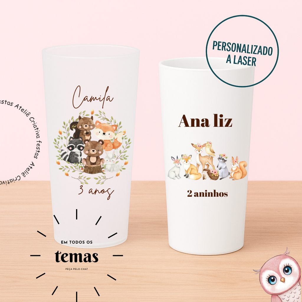 Kit de Copos Long Drink Personalizado Tema Bosque Encantado Aquarela Lembrancinha Festa Infantil Chá de Bebê Aniversário