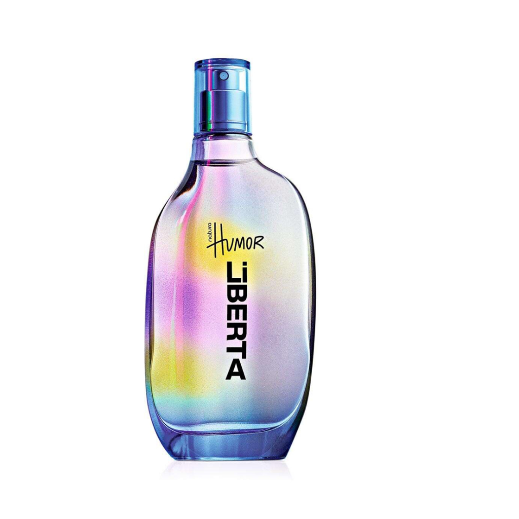 Frasco de vidro do perfume Natura Humor Liberta de 75ml com design curvo e degradê colorido em tons de azul, roxo e amarelo
