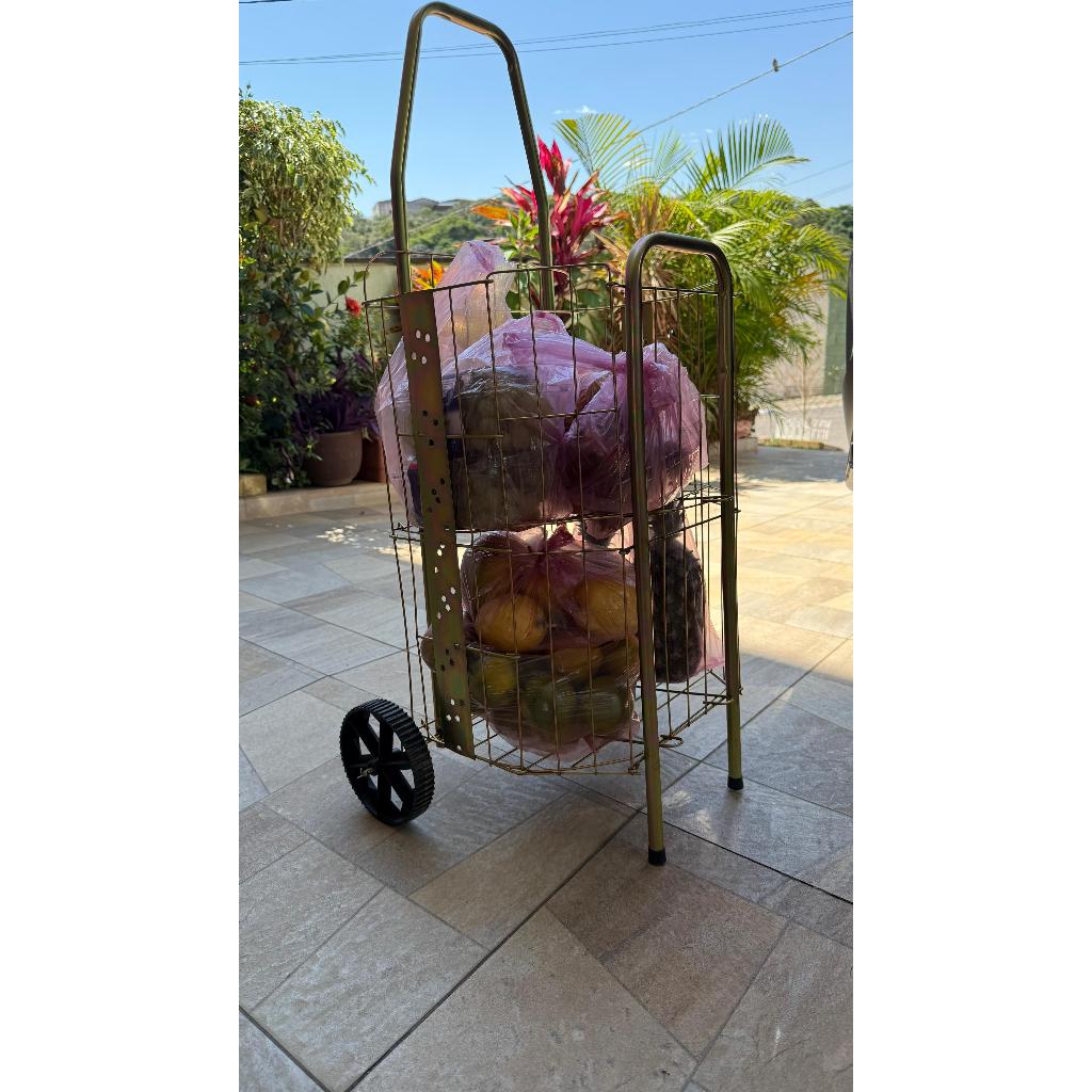 Carrinho de Feira Luxo Dobrável Dourado Reforçado para Mercado Compras Super Prático Leve Resistente