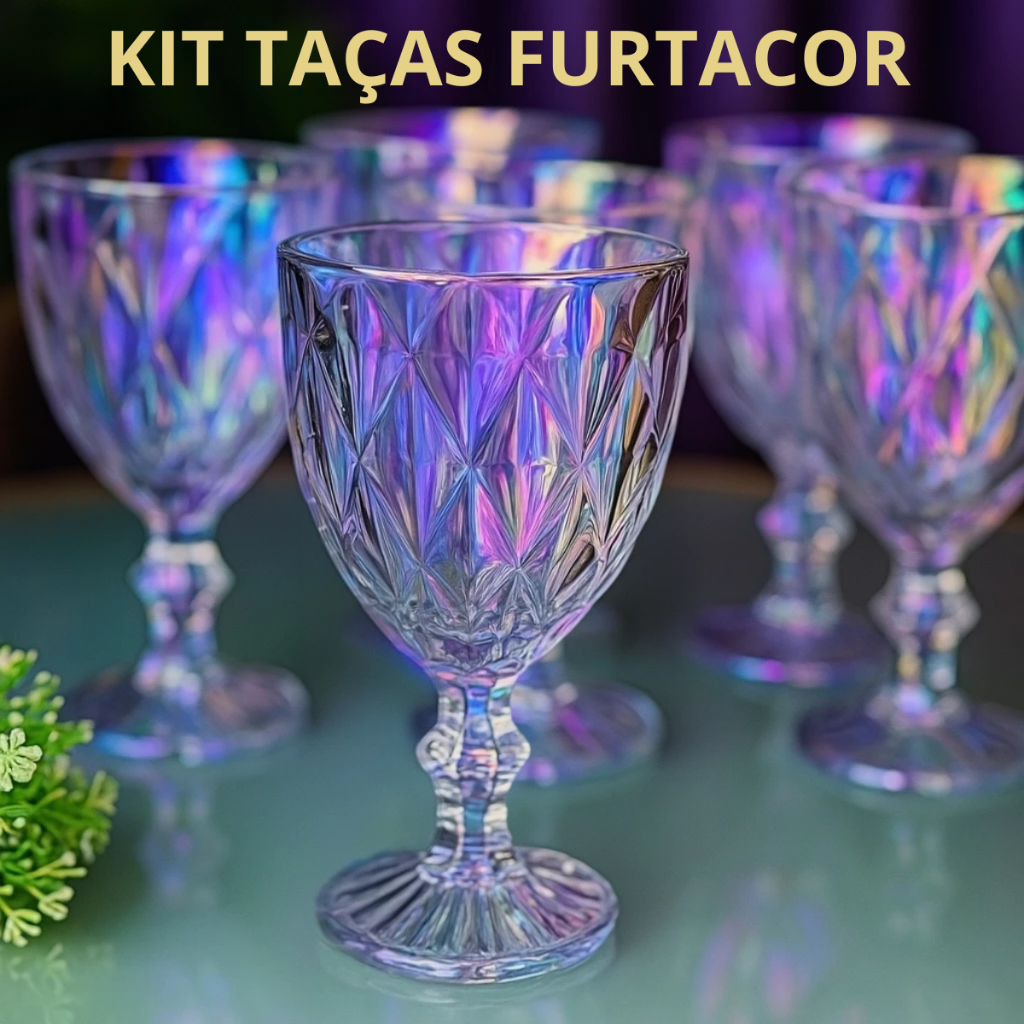 Kit Taças Diamond Furtacor de Vidro 340ml | Jogo De Copo Decorativo Conjunto Diamante Mesa Posta Luxo Brilhante Premium