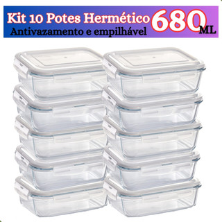 Kit de 6 até 12 Potes de Vidro 640ml - 370 ml Hermético Marmita Fit com Tampa 4 Travas Pr…