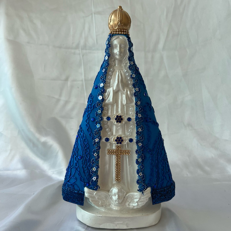 Imagem Nossa Senhora Aparecida Azul 30cm Luxo Decorada com Pedrarias e Manto Bordado