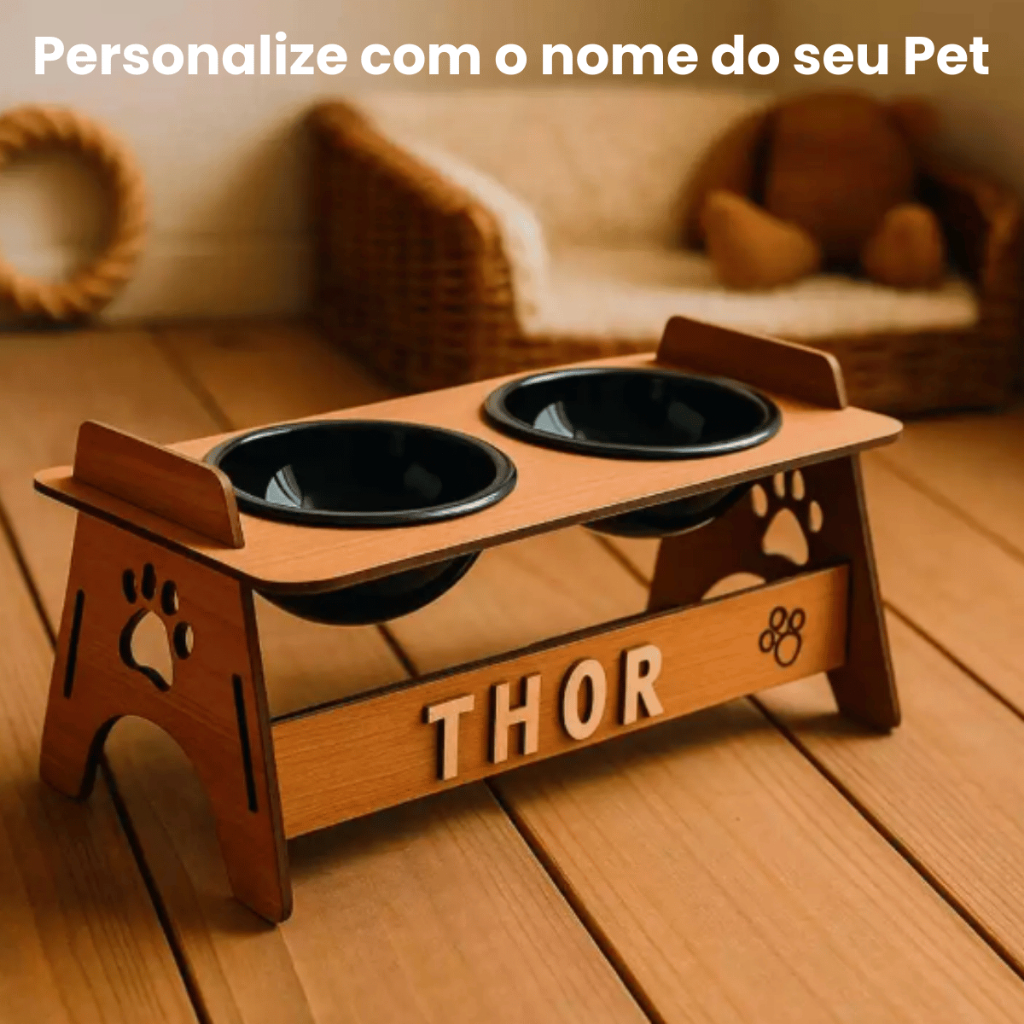 Comedouro e Bebedouro PERSONALIZADO Elevado Para Cachorro e Gato - Marrom