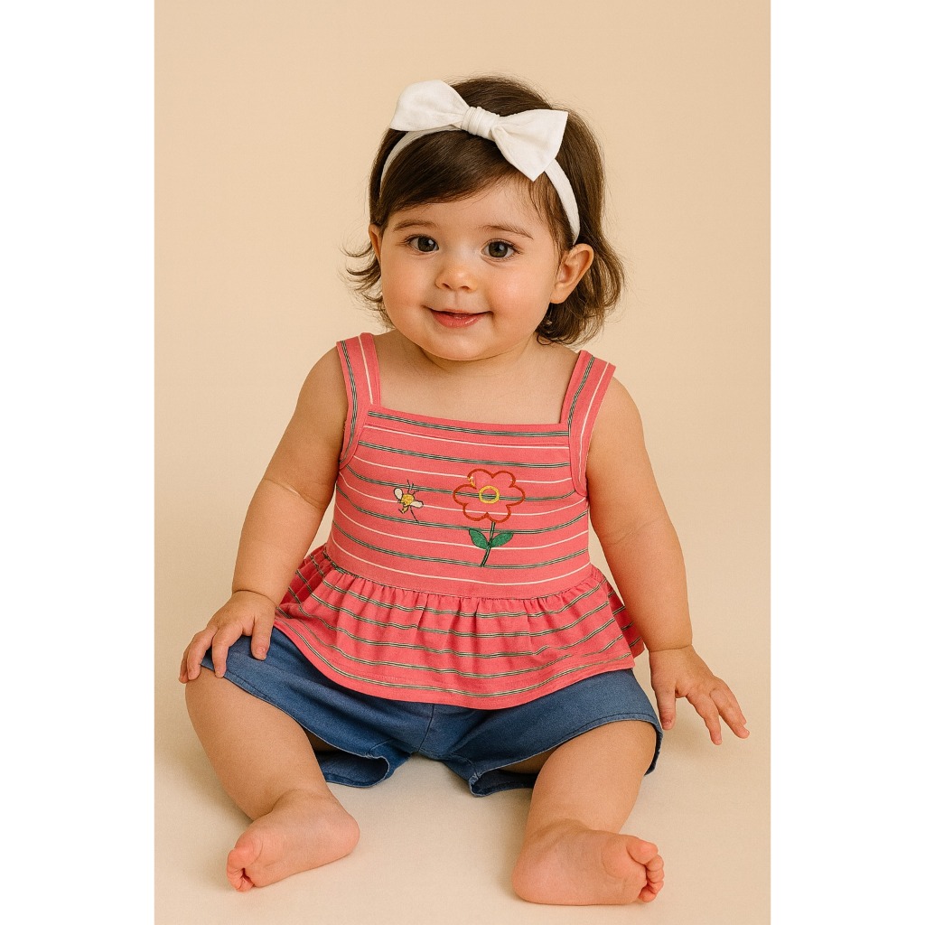 Conjunto Infantil Estampado Blusinha Listrado Bordado Shorts 6-8 meses