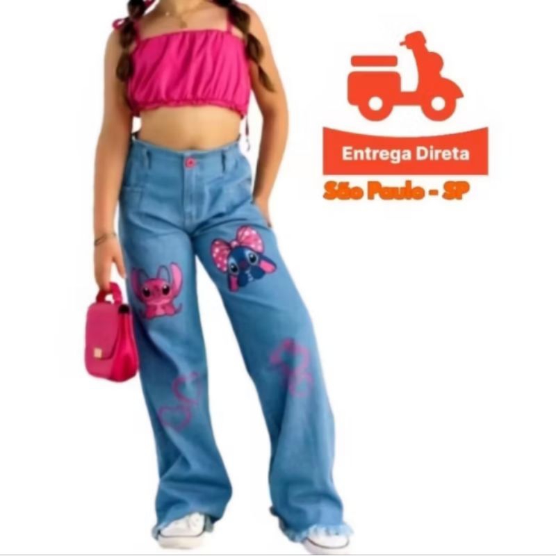 calça jeans wide leg stich juvenil feminina calça jeans pantalona infantil calça do Stich preta calça flare em Oferta na Shopee