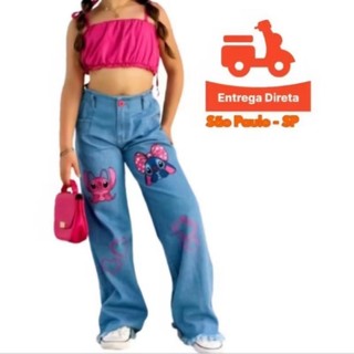 calça jeans wide leg stich juvenil feminina calça jeans pantalona infantil calça do Stich preta calça flare