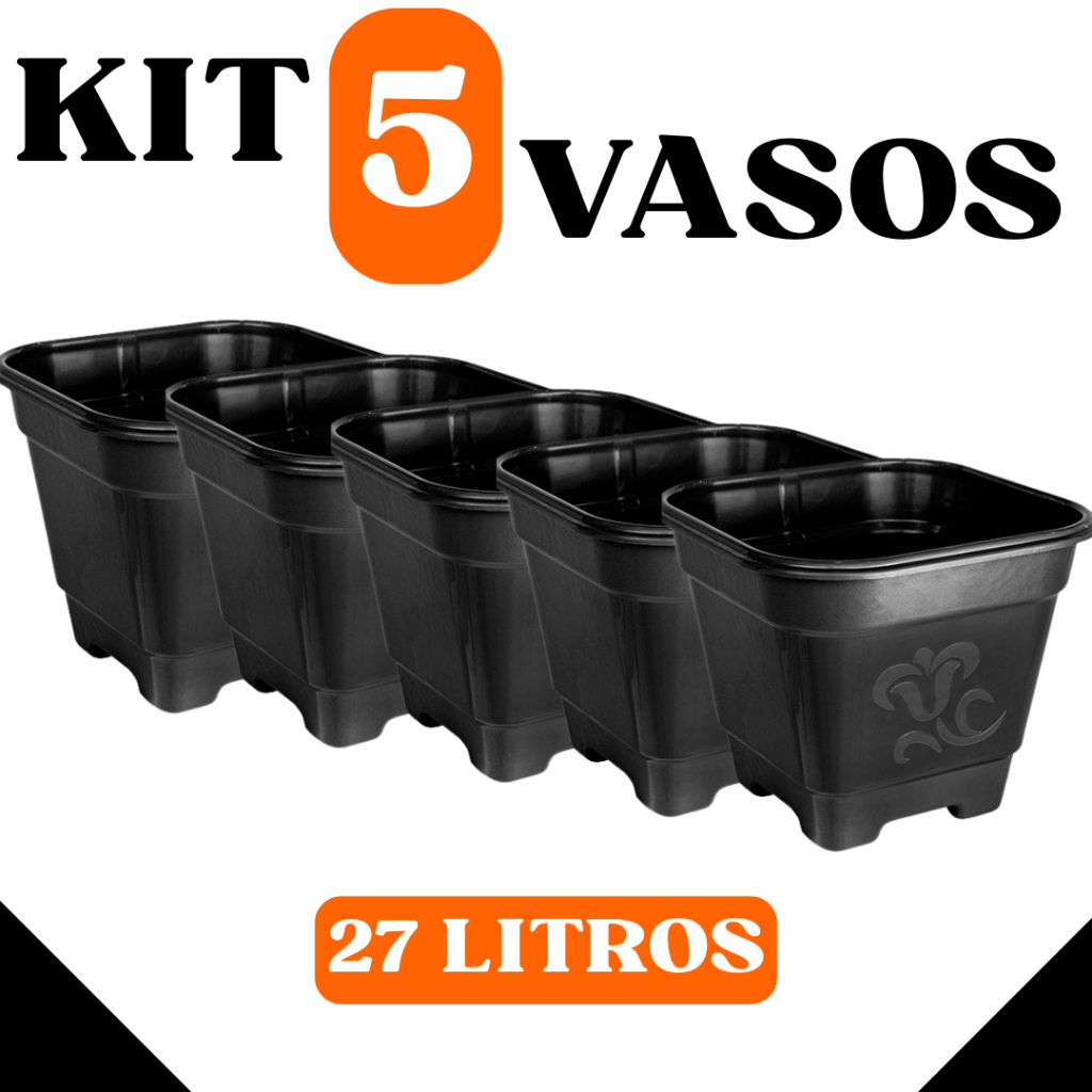 🪴 Kit 5 Vasos Plásticos Pretos 27 Litros Quadrado com Pés - Jardim Jardinagem Hortas em Oferta na Shopee
