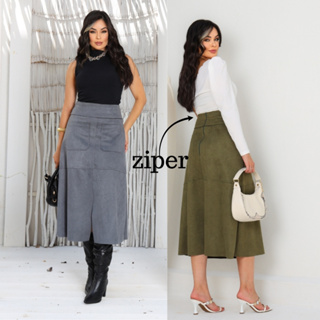 Saia Midi Feminina Suede com Bolso e Zíper nas Costas | Moda Elegante e Confortável – Tamanhos P M G GG em Oferta na Shopee