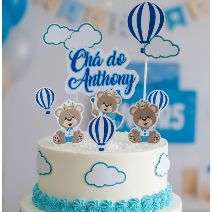 Topper topo bolo urso baloeiro nuvens chá de bebê menino em Oferta na Shopee