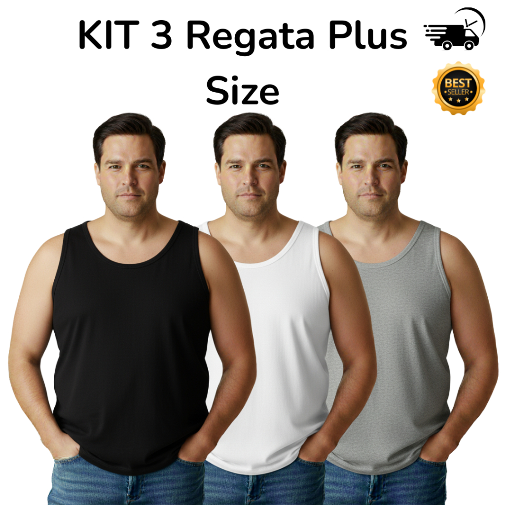 Kit 3 Regata Plus Size Masculina 100% Algodão em Oferta na Shopee