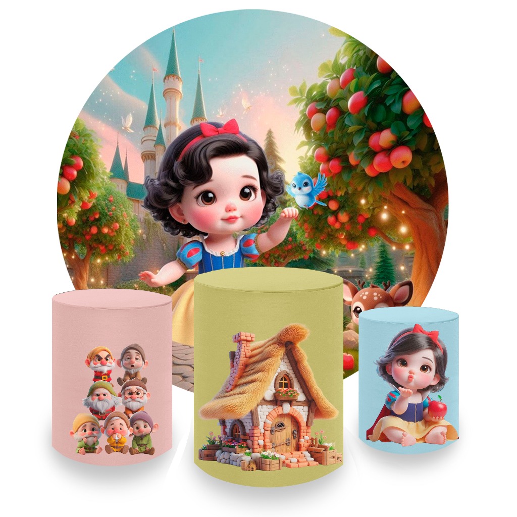 Kit Capa Painel Redondo + Capa De Cilindro Tema Branca De Neve