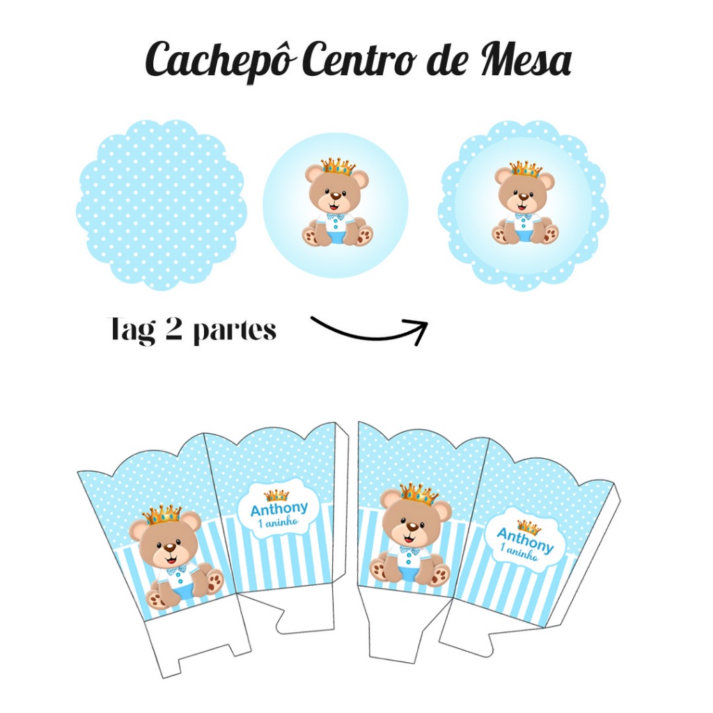 Kit Pegue e Monte 10 a 30 Cachepô Centro de Mesa Pequeno Ursinho Principe Realeza Azul