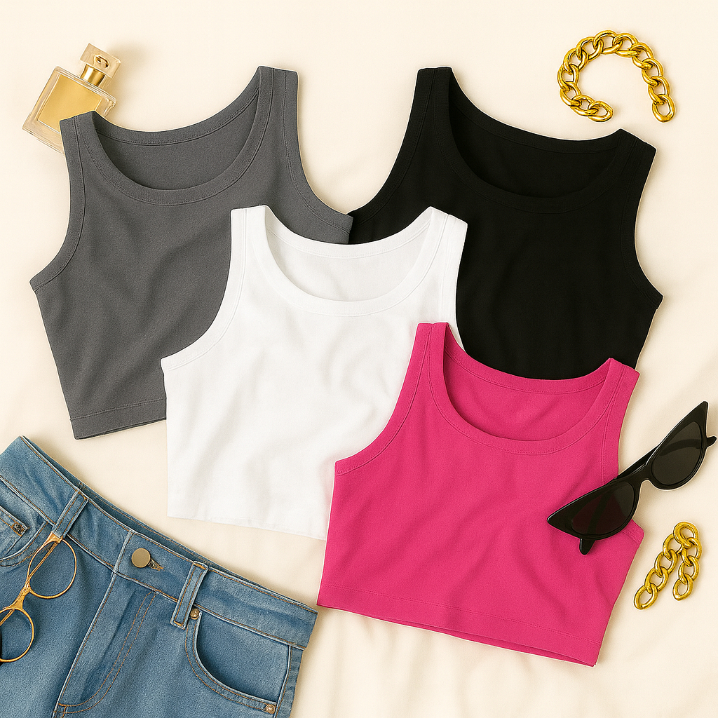 KIT 4 Cropped Feminino Top Blusa Suplex Lisa Basica Feminina em Oferta na Shopee