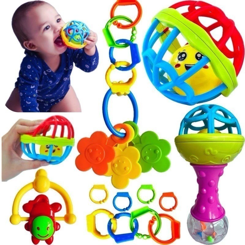 Kit Chocalho Bebê 8 Peças Educativo Mordedor Infantil Musical Sensorial Colorido