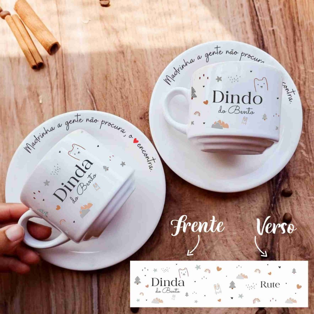 Xícara com Pires Personalizada Kit Para Padrinhos de Batismo Luxo
