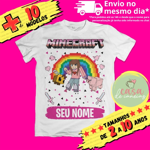 Camiseta Infantil Minecraft Rosa com nome (opcional)