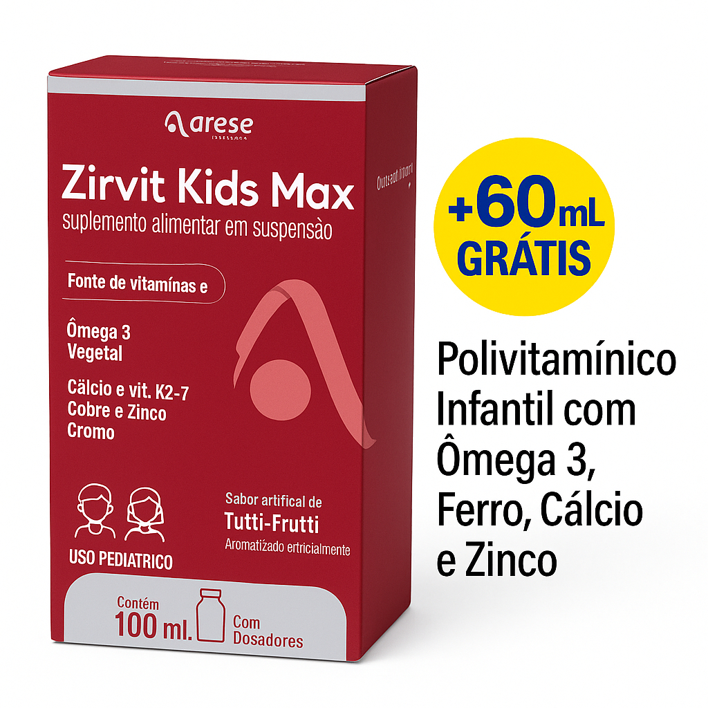 Zirvit Kids Max 100ml + 60ml Grátis | Polivitamínico Infantil c/ Ômega 3, Ferro, Cálcio e Zinco