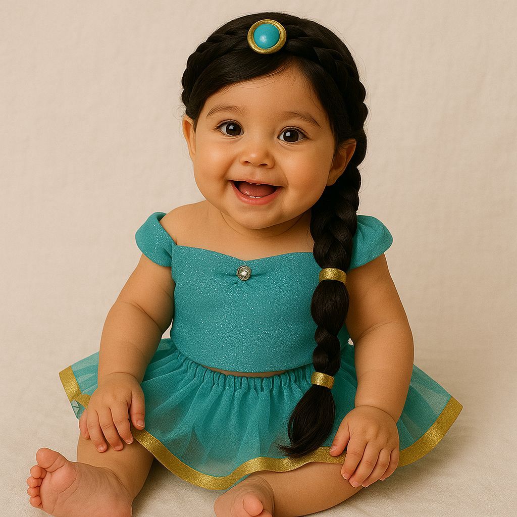 Fantasia Jasmine Bebê Infantil Princesa Azul + Tiara Mesversário Festa