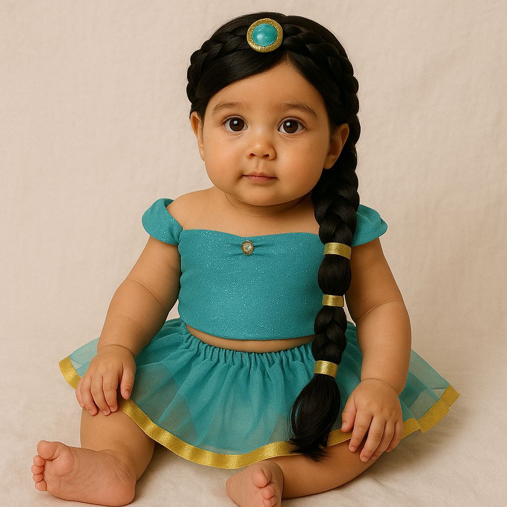 Fantasia Jasmine Bebê Infantil + Tiara Tule Azul Princesa Mesversário
