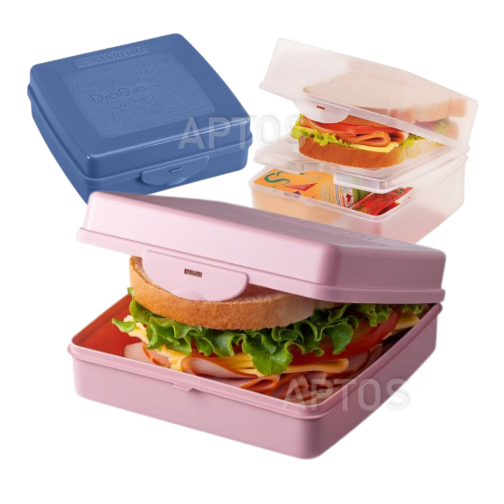 Sanduicheira Plástico Sanremo Pote Porta Sanduiche Pão Merenda Lanche Azul Rosa Transparente Trava