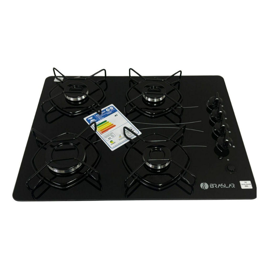 Imagem Fogão Cooktop Braslar Pop A Gás Acendimento Automático 4 Bocas Mesa Vidro - Cor Preto