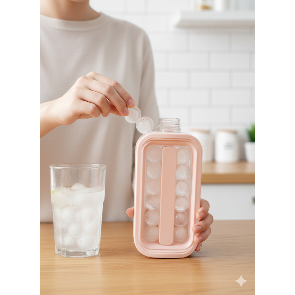 Forma de Gelo com Tampa e Alça Garrafa Squeeze Cubos Portátil Silicone 12 Esferas Bola Cor Rosé