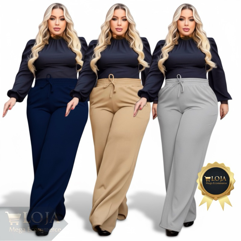Calça Pantalona Plus Size Feminina Elástico na Cintura Com Bolso Cintura Alta Tecido Duna Premium medidas GG, EXG, G1,G2