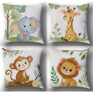 KIT 4 CAPAS DE ALMOFADAS INFANTIL SAFARI,ELEFANTE,GIRAFA,LEAO E IMACACO ,IDEAL PARA A DECORAÇÃO - TAMANHO 45X45