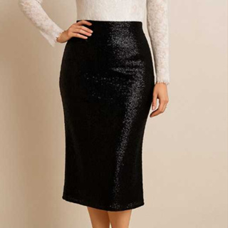 TETELESTAI - Saia Midi de Paetê Preto – Moda Evangélica Elegante e Sofisticada | Look Social Feminino em Oferta na Shopee