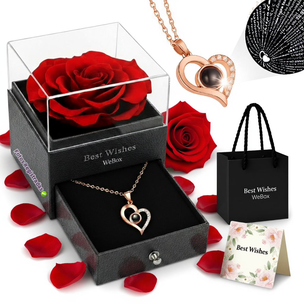 Imagem Rosa Eterna c/ Colar Coração — “Eu Te Amo” em 100 Idiomas Caixa Premium em Couro WEBOX