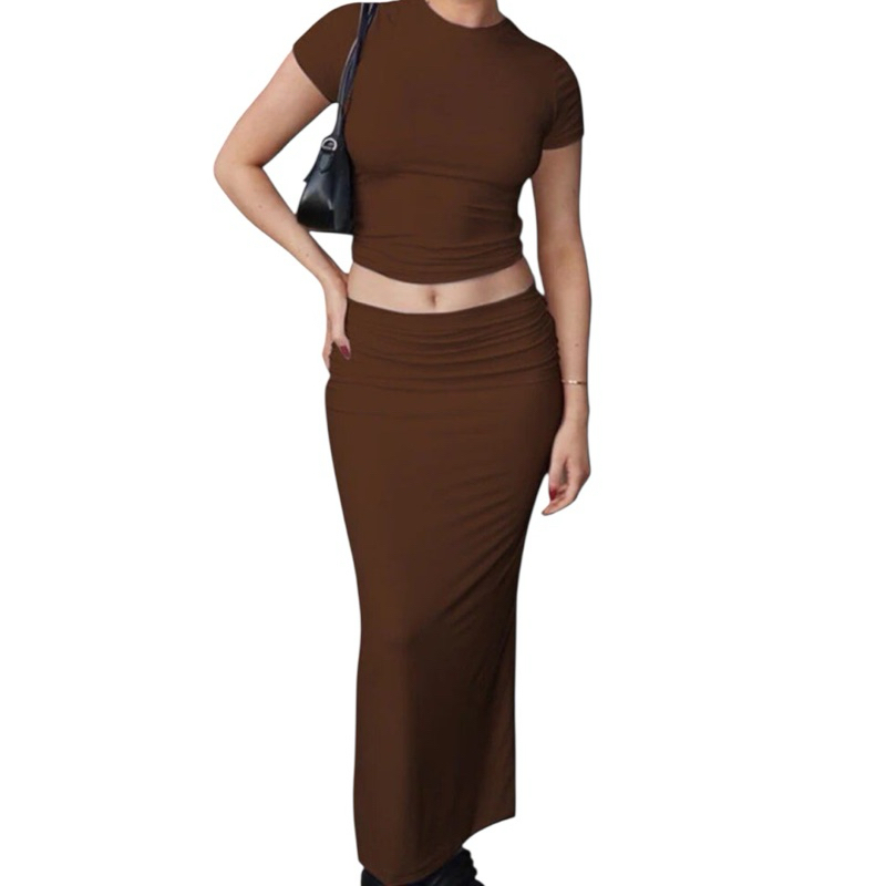 Blusa manga curta-Saia Longa Slim Tubinho Moda Gringa Gola O Feminino