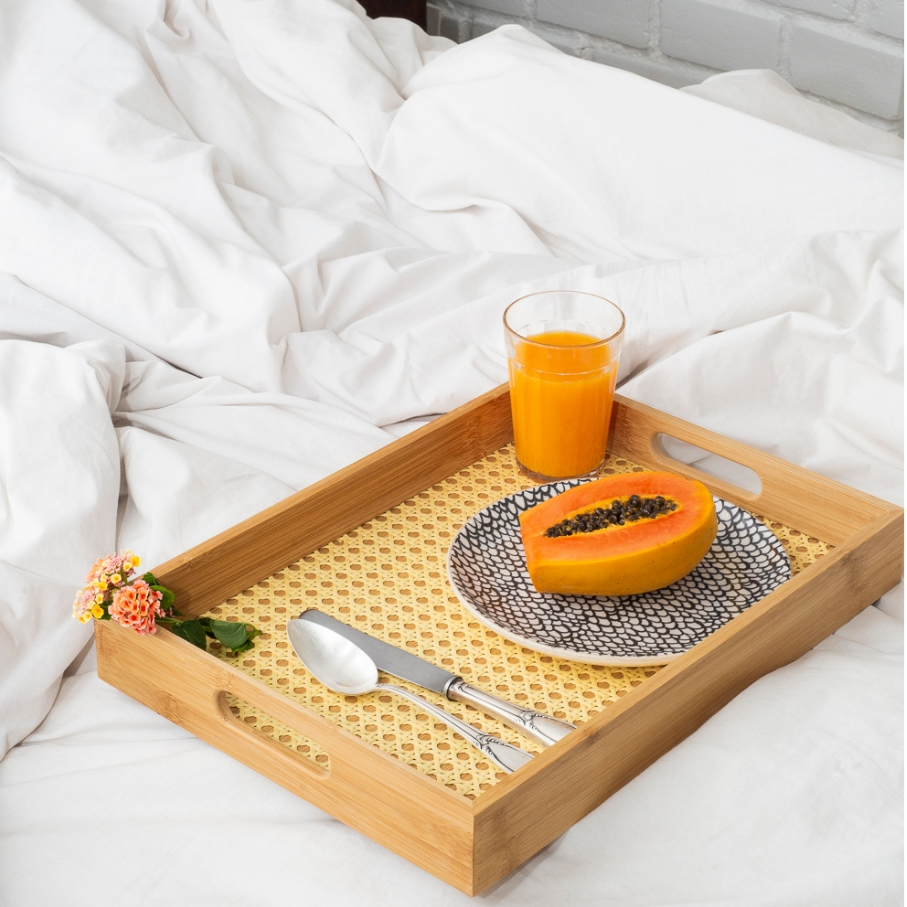 Bandeja Retangular De Bambu e Textura Palhinha Indiana Sustentável Ecológico - Oikos 39cm