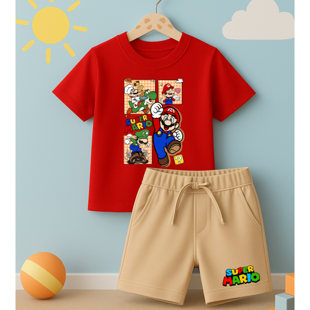 Conjunto Infantil Camiseta e Short Moletinho Super Mario Broos Desenho Personagens Estampado