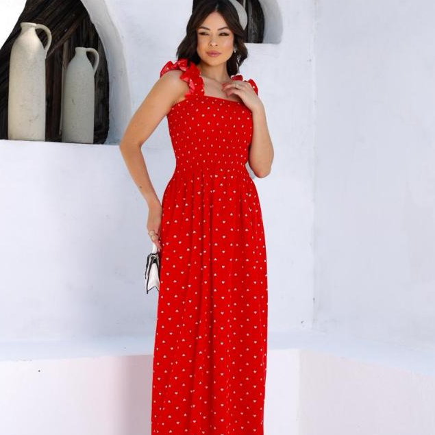 Vestido Longo Vermelho Estampado de Corações - Alças com Babado e Lastex em Oferta na Shopee