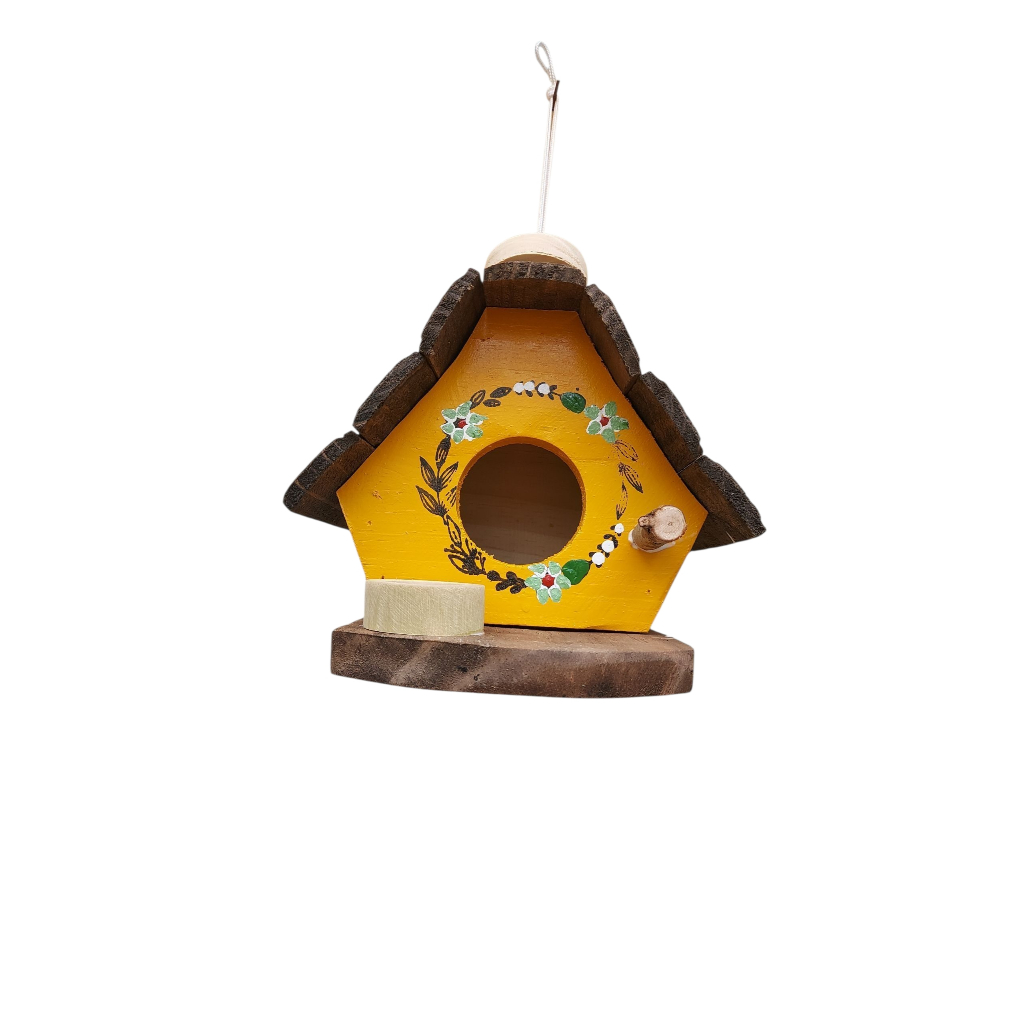 Casinha de passarinho com comedouro feita de madeira - Decoração de Jardim - Varanda - Quintal