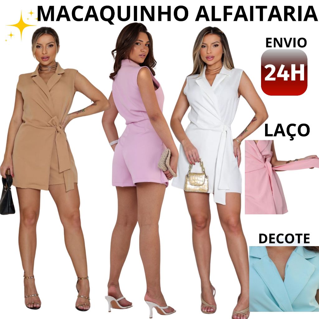 Macaquinho Alfaiataria Feminino Luxo Sem Manga Verão 2025