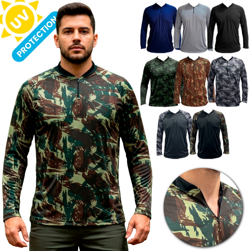 Camiseta Proteção UV de Pesca Térmica Gola Alta com Zíper Masculina Verde Camisa em Oferta na Shopee