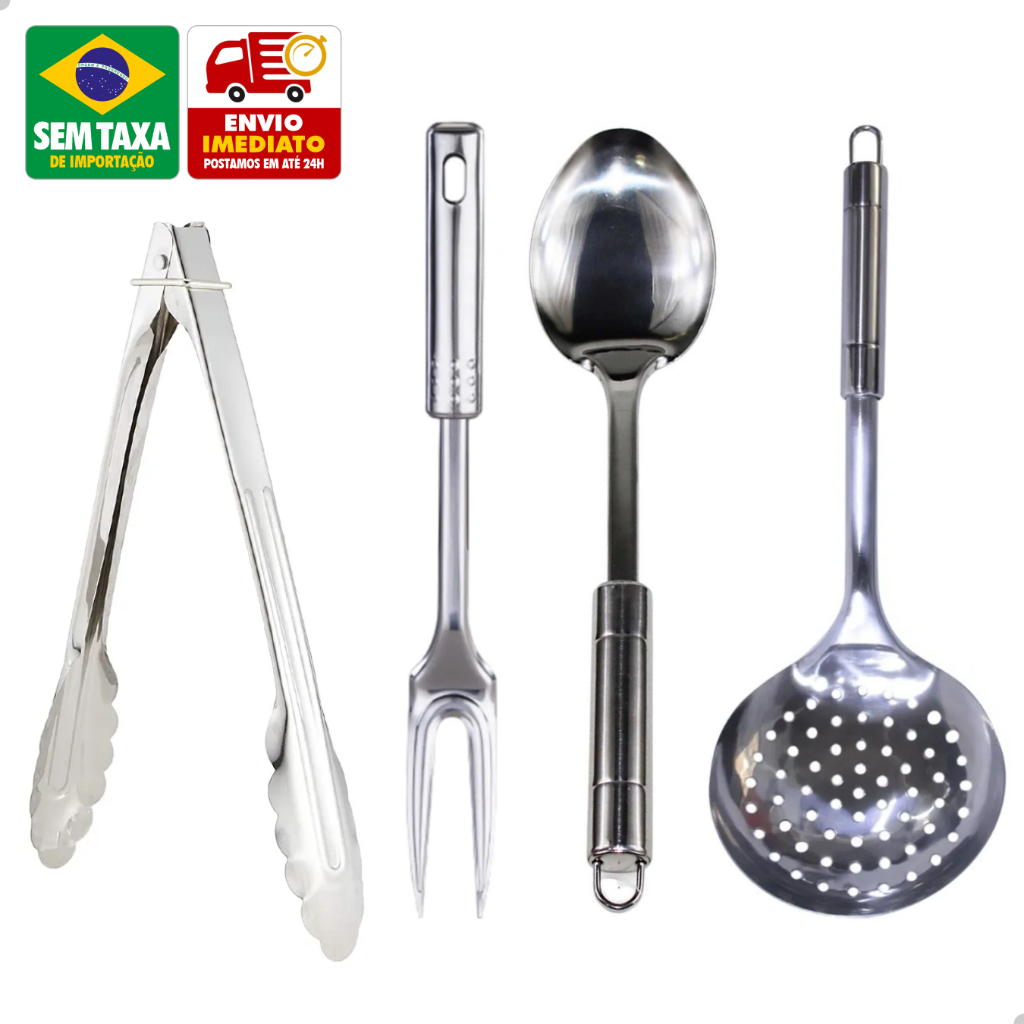 Utensílios Cozinha Inox Pegador Colher Garfo Escumadeira Aço Inoxidável em Oferta na Shopee