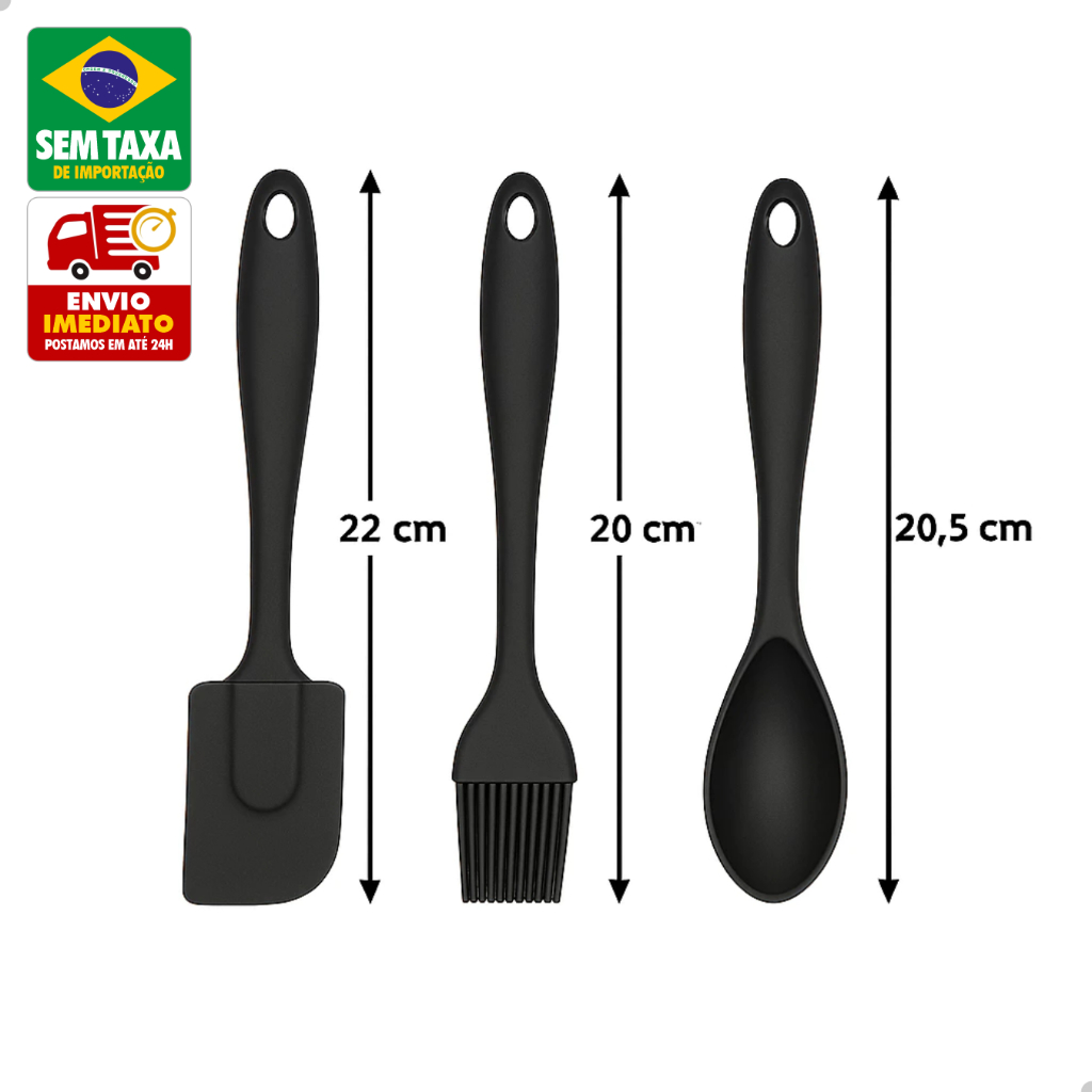 TOP 3 Utensílios de Cozinha em Silicone 3 Peças Colher Espátula Pincel Cabo Plástico