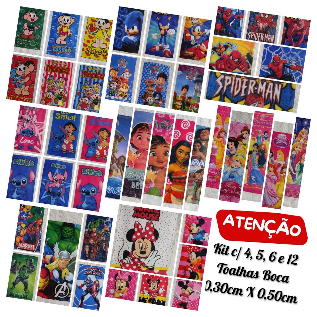 Kit com 4, 5, 6, 7 e 12 Toalhinhas Pequenas De Personagens Infantil Para Lancheira Mãos e Rosto Escolar Menino e Menina