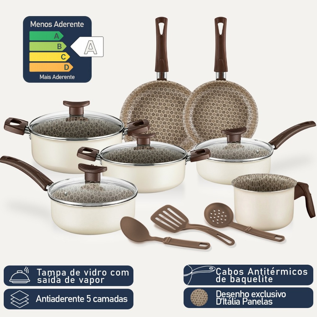 Jogo Conjunto De Panelas D'Itália 10 Peças Disegno Teflon Antiaderente Tampa De Vidro