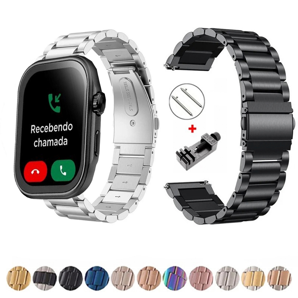 Pulseira de 22mm Metal Elos de aço inox para Smartwatch Technos Connect Max Call de Engate Rapido