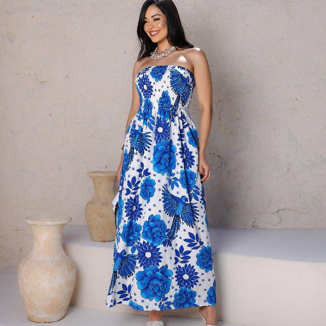 Vestido Longo Tomara que Caia Tropical Azul e Branco - Corpo em Lastex em Oferta na Shopee