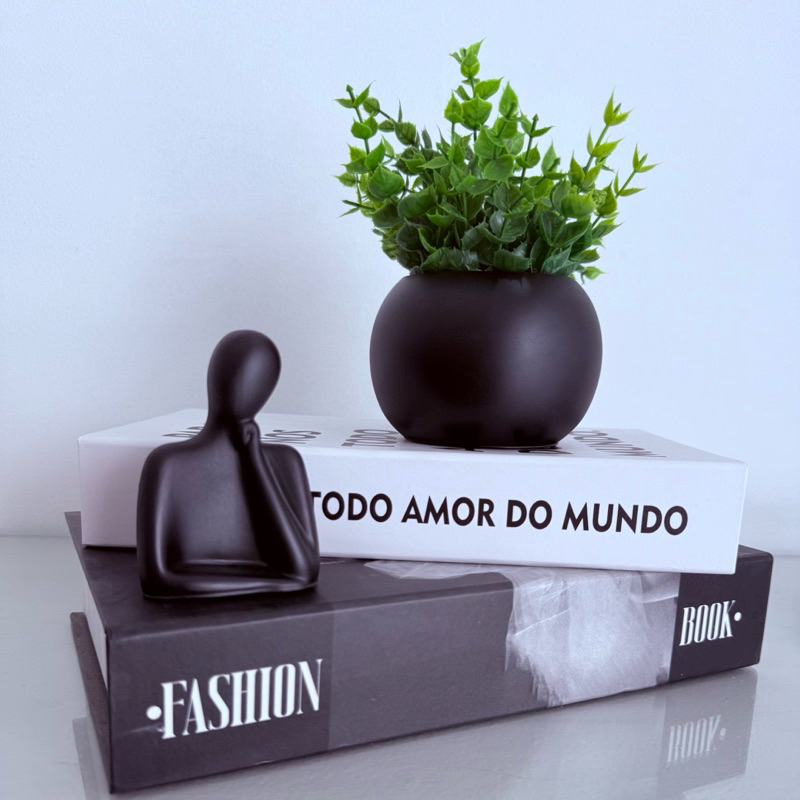 Kit Vaso Bola com planta artificial + estátua pensadora