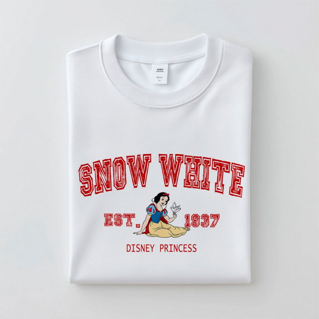 Camiseta Branca de Neve Disney Princesa Clássica Camisa Feminina Estampada Moda Geek Retrô