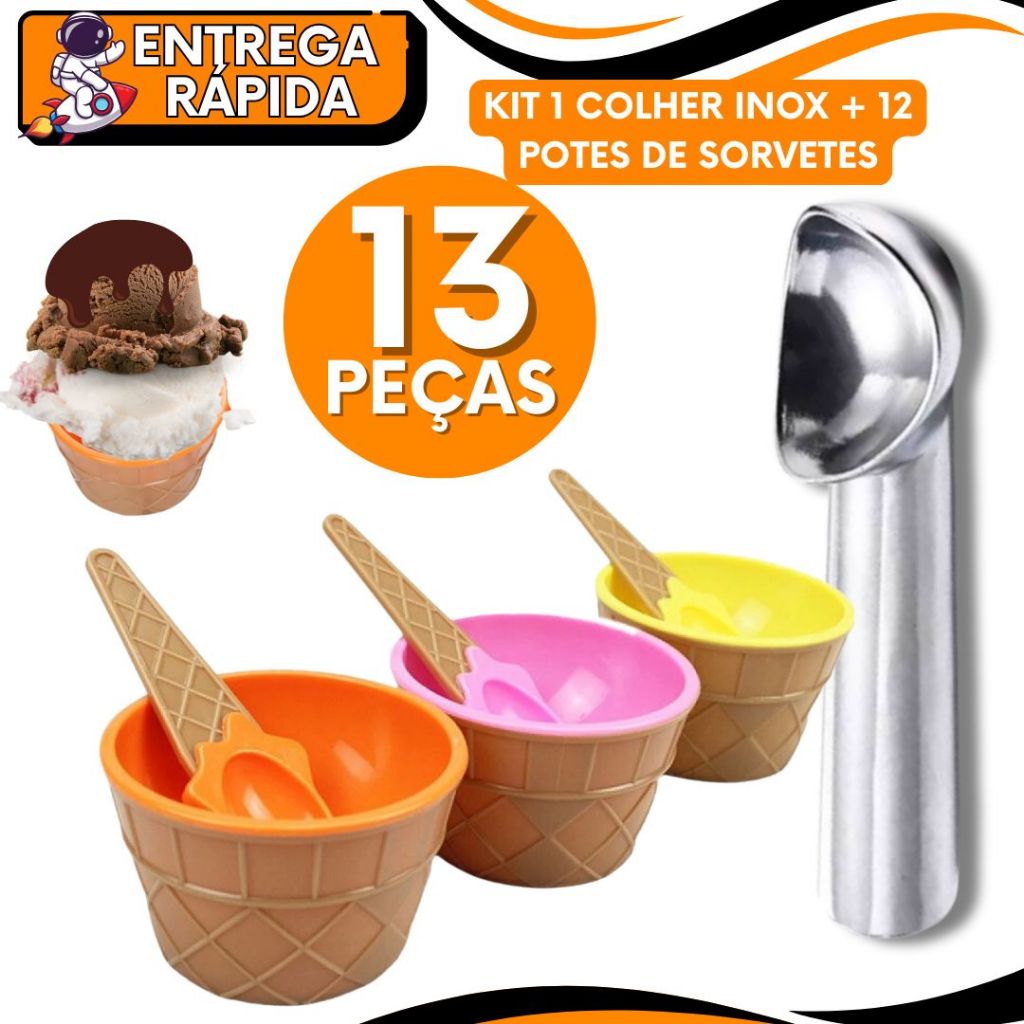 Pote Sobremesa Sorvete Tigela Plástico  200 ML Para Sobremesa Casquinha Sorvete + Colher Pegador Bola Sorveteria