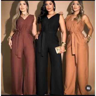 Macacão feminino elegante pantalona longa com cinto, decote em V, costas abertas e bolsos invisíveis, moderno versátil em Oferta na Shopee