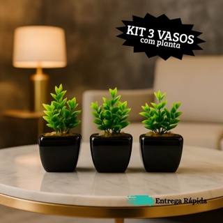 Kit 3 vasos decorativos de cerâmica com plantas artificiais cor preto luxo e moderno em Oferta na Shopee